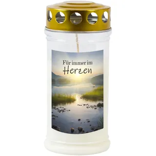Grabkerze - Gedenkkerze Motiv "Für immer im Herzen" 70-90 Std. Brenndauer Trauerkerze - Langlebig, 100% Pflanzenöl, Weiß mit Golddeckel TLB