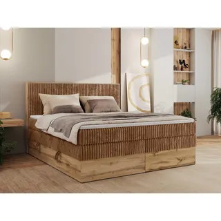 MKS MEBLE Boxspringbett WOOD CLASSIC KING, Doppelbett mit zwei Multipocket-Matratze und Toppper, hohe Kopfteil, Stauraum - 200 x 200 cm - H3 - Orange Cord - Orange