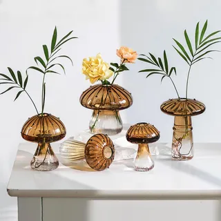 Hewory Pilz Deko Vase Glas: Aesthetic Vase Braun Pilzförmige Blumenvase Kleine Vasen für Tischdeko - Mini Terrarium Deko Propagation Station Hydrokultur Vasen Set für Cute Room Decor Wohnzimmer Büro