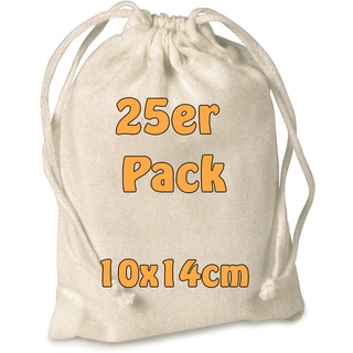 Cottonbagjoe Baumwollbeutel Stoffbeutel Stoffsäckchen mit Kordelzug Adventskalendersäckchen Schmuck Kosmetikbeutel Basteln 10x14cm (Natur, 25 Stück)