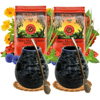 Mate Green Yerba Mate Tee Set für 2 Personen – Mas Energia Guarana 400g – Marmol Blue Keramikbecher 350ml – Edelstahl Bombilla 19 cm – Loser Tee 2x200g