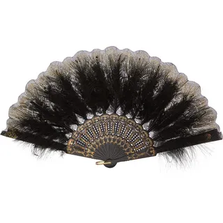 INF Federfächer - Eleganter Handfächer aus Spitze und Satin Schwarz - Schwarz