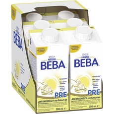 BEBA Nestlé BEBA PRE, Säuglingsmilchnahrung von Geburt an, trinkfertige Babymilch im Tetra Pak, leicht verträgliche Babynahrung, 6er Pack (6 x 200ml)