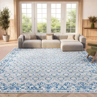 SAFAVIEH Übergangs Teppich für Wohnzimmer, Esszimmer, Schlafzimmer - Brentwood Collection, Kurzer Flor, Grau und Blau, 183 X 274 cm