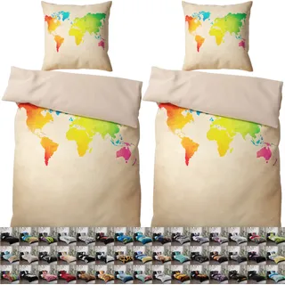 SANILO® Bettwäsche 135x200 cm, 100% feinste Baumwolle, 4-teilig, Bettbezug, Kissenbezug 80x80cm - International Map