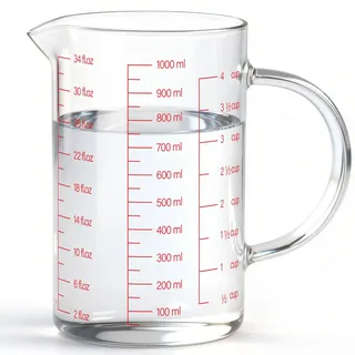 Luvan 1000 ml/4 Tassen/34 oz Glas Messbecher, Flüssigkeits Messbecher mit Griff und V-förmigem Ausguss, Ideal zum Mischen und Kochen, Gefrierschrank/Mikrowellenfest