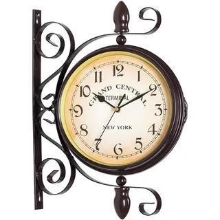 Fhlprte Bahnhofsuhr doppelseitig,Wanduhr im antiken Stil,30 X 40cm,Batterie, Eisen Bahnhof Stil,Metall, Zwei Gesichter,Gartenuhr im Vintage-Stil für Bahnhof, Flur oder Garten (Retro-Braun)