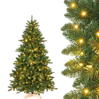 Yorbay Künstlicher Weihnachtsbaum mit Beleuchtung LED: PVC künstlicher Tannenbaum mit Holzständer für Weihnachten-Dekoration, Ideal für Festliche Stimmung (150cm)