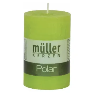 Müller Kerzen Polar Stumpenkerzen 90/58 mm, Raureif-Effekt, Kleiner Kerzen Stumpen für ein besonders gemütliches Ambiente, 1 Packung = 6 Stück, maigrün