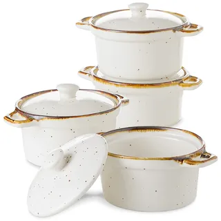 ONEMORE Auflaufförmchen mit Deckel, 340 ml Keramik, kleine Auflaufform mit Griffen zum Backen von Creme, Brulee-Suppe, Mini-Dutch Oven Rustikales Cocotte-Set für individuelles Servieren, Cremeweiß