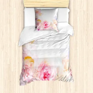 ABAKUHAUS Shabby Flora Mantele, Pale Pink Roses, Milbensicher Allergiker geeignet mit Kissenbezügen, 135 cm x 200 cm - 80 x 80 cm, Pale Pink Pink - Rosa