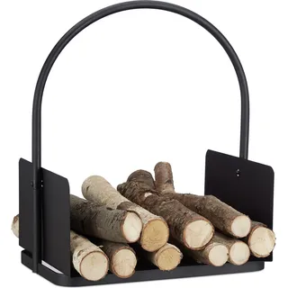 2 teiliges Kaminholz-Set, Kaminholzregal für Feuerholz, Kaminholzkorb schwarz, aus pulverbeschichtetem Stahl, black - Schwarz
