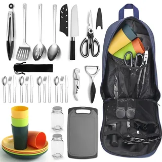 Berglander Camping-Essentials, Camping-Kochutensilien-Set, Campingzubehör-Ausrüstungs-Must-Haves, kommen mit Camping-Bestecksets, Tellern und Tassen, ideal für Outdoor-Kocher, Picknick, Grill