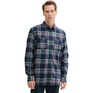 Langarmhemd TOM TAILOR, Herren, Gr. M, N-Gr, blau (navy herringbone check), Web, Obermaterial: 100% Baumwolle, kariert, regular fit Po-bedeckend, ohne Ausschnitt, Manschette, Hemden Langarmhemd, mit Karo Muster