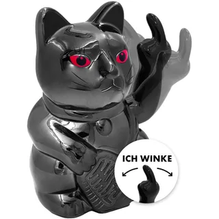 ANGRY CAT - Winkekatze Lucky CAT - Lustige winkende Katze - japanische Winkkatze mit Stinkefinger - Dekoartikel Wackelfigur Katze - Winke-Arm mit Mittelfinger - 15cm, Black Shiny