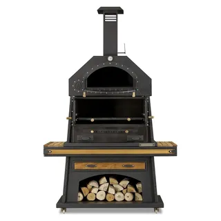 Eleganter schwarzer Grillkamin aus Holz und Edelstahl