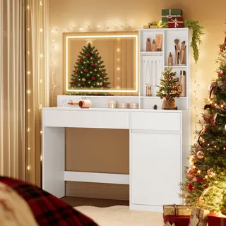 VASAGLE Schminktisch mit LED-Beleuchtung, Steckdosenleiste, Frisiertisch mit Schubladen, verstellbaren Ablagen, 110 cm breit, Schmuckaufbewahrung, für Schlafzimmer, wolkenweiß RDT634W01