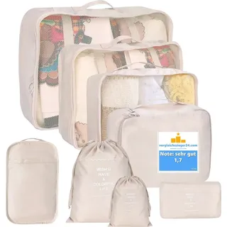 TK Gruppe 8er Set Kofferorganizer beige mit Kosmetiktasche und Packtaschen (Set, 8-tlg., 8x Packtaschen), Faltbar / Verstaubar / Wasserabweisend - Beige