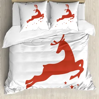 ABAKUHAUS rot Bettbezug, Jumping Reindeer Sterne, Milbensicher Allergiker geeignet mit Kissenbezügen, 200 cm x 200 cm - 80 x 80 cm, rot-Weiss