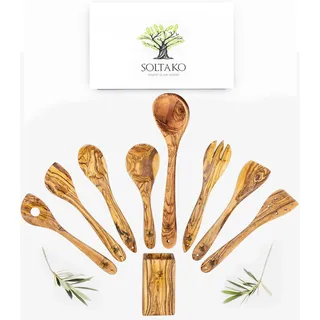 SOLTAKO Premium Küchenutensilien aus Olivenholz - 8er Set | Küchenhelfer Set mit Besteckhalter, Kochlöffeln, Pfannenwender & Salatbesteck - handgefertigt, massiv & langlebig