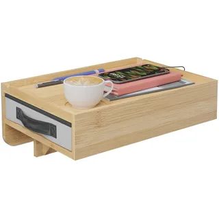 Relaxdays Nachttisch klemmbar, Bambus, HxBxT: 14x37x26,5 cm, Schublade, Getränkehalter, Bettablage zum Einhängen, Natur