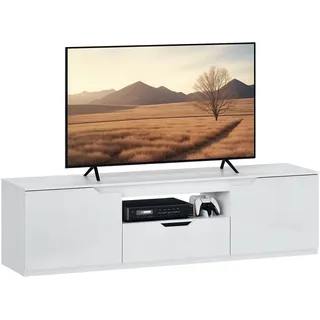 Homcom TV Schrank Lowboard mit 2 Türen, Schublade, 160 cm lang Fernsehtisch für Fernseher bis zu 65 Zoll, TV Board mit Kabelmanagement für Wohnzimmer, Weiß