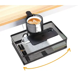 Schreibtisch-Organizer mit Getränkehalter, 360° drehbar, versteckte Schublade unter dem, zum Aufklemmen, große Kapazität unter dem Schreibtisch, für Zuhause und Büro (Black)
