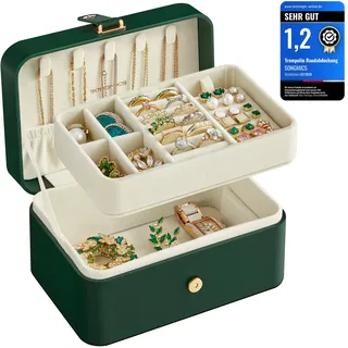 SONGMICS GISELLA Kollektion - Schmuckkästchen Reise mit 2 Ebenen, Schmuckkasten klein, Schmuckaufbewahrung, tragbar, für größere Accessoires, Geschenkidee, 11,6 x 16 x 7,5 cm, waldgrün JBC166C01