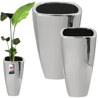 KOTARBAU® 2er Set Keramik Blumentopf hoch - 36, 5 x 59 cm / 28, 5 x 56 cm - Pflanzkübel - Orchideentopf - Bodenvase mit Drainageloch - Übertopf - Blumentöpfe aus Keramik - Glänzend - Silber