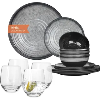 Melamin Camping Geschirr Set 4 Personen Stone Grey + 4 Tiamo Gläser Wassergläser Tafelgeschirr Picknick BBQ Kochgeschirr