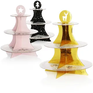 com-four® 3X Etagere aus Karton mit Weihnachts-Motiven, Tortenteller mit 3 Etagen für Lebkuchen, Cup-Cake oder Torte auf Ihrem Festtagsbüffet (3 Stück - Silber/goldfarben)