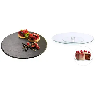 APS 975 Drehbarer Schiefer Tortenständer mit Anti-Rutsch-Füßen, Ø 32 x 2,5 cm & Relaxdays Tortenplatte, 360o drehbar, ∅ 30 cm, zum Servieren & Dekorieren, Kuchen, runder Drehteller, transparent