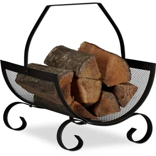 Relaxdays Kaminholzkorb schwarz, Brennholzkorb groß, Holzwiege Kamin, Feuerholzkorb Metall, HxBxT 40 x 33 x 38 cm, black
