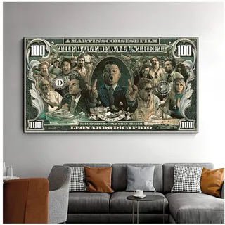 NFGGRF Graffiti Street Money Art 100 Dollar Leinwand Malerei Poster Drucke Wolf der Wall Street Pop Art für Wohnzimmer Dekor -50x100cm Kein Rahmen