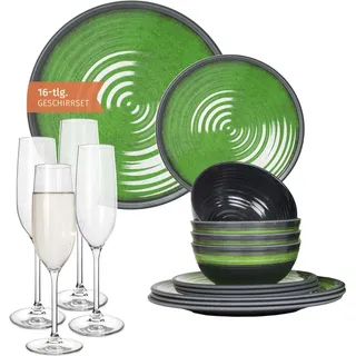 Melamin Camping Geschirr Set 4 Personen Stone Green + 4 Tiamo Champgner Gläser Flûtes Tafelgeschirr Picknick BBQ Kochgeschirr