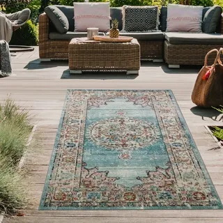 Teppich Orient Teppich Outdoor Wohnzimmerteppich Vintage in blau creme Größe - 80 x 150 cm - Blau