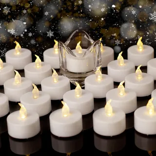Auralome Led Teelichter Kerzen - Elektrische Batterie Flammenlose Teelicht Lange Dauer 200 Stunden Flackernde Outdoor Flamme Klein Kerze Elektrisch Lichter für Hochzeit Partys Deko Warm Weiß 50 Stück
