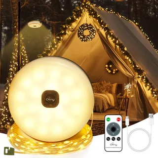 Ollny Solar Camping Lichterkette Aufrollbar, 3-in-1 Tragbare Wiederaufladbare LED Lichterkette mit 8 Beleuchtungsmodi, Wasserdichte USB Campinglampe für Zelt Camping Hof Dekoration (10M)