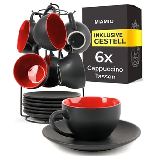 MIAMIO - 6 x 175 ml Tasse Cappuccino Tassen mit Unterteller & Ständer/Cappuccinotassen Set - Le Papillon Kollektion (Rot) Steinzeug