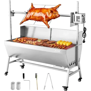 VEVOR Drehspießgrill 38 W Spanferkelgrill Lammgrill Holzkohlegrill (1218 mm Grilllänge) mit 60 kg Tragkraft & Rädern & 4-facher Höhenverstellung & Schutzblech, Elektrogrill-Set für Camping