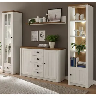 furn.design Wohnwand "Seyne" in weiß Pinie, und Eiche hell Landhaus Wohnkombination 270 cm, - Weiß,