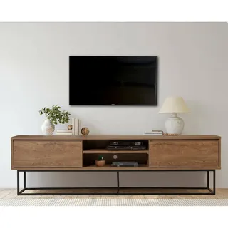 Dmora - Fernsehschrank Selena, Ständer für Wohnzimmerfernseher, Niedriges Wohnzimmer-Sideboard, TV-Ständerbasis, 180x40h50 cm, Walnuss und Schwarz