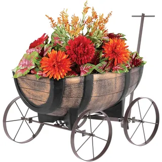 STREND PRO Blumenwagen Whiskyfass – Pflanzgefäß auf Rollen, nostalgisches Design in realistischer Holzimitation, fahrbar, für den Innen- und Außenbereich, Pflanzflächenmaße 41 x 29 x 19 cm