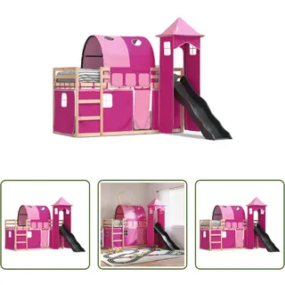 The Living Store Etagenbett mit Rutsche und Gardinen Rosa 80x200 cm - Rosa