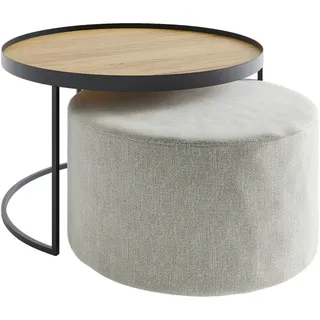 Novel Couchtischset , Eichefarben, Hellgrau , Holz, Textil , 2-teilig , Eiche , massiv , rund , C-Form , 80x39x80 cm , Holzmöbel, Holztische, Wohnzimmertische Holz, Couchtische Holz
