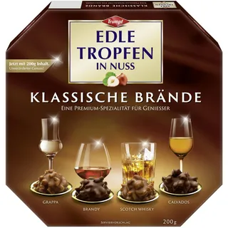 Edle Tropfen in Nuss Klassische Brände 200g, flüssig gefüllte Schokoladenpralinen mit Milchschokoladen-Überzug und knackigen Haselnuss-Splittern