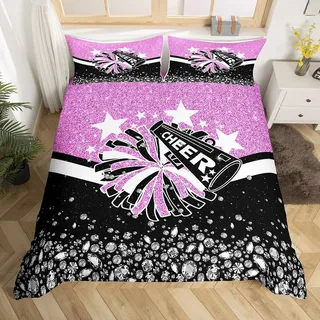 Schwarz und Rosa Cheer Bettbezug Cheerleading Cheerleader 135x200 Bettwäsches,Cheerleading Geschenke Troster Pailletten und Diamant Muster Bettwäsche Set,Niedliche Prinzessin Tröster Abdeckung