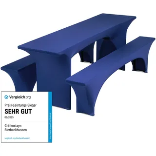 Gräfenstayn® Leopold Stretch - Biertischhussen-Set 3 TLG für Bierzeltgarnitur - 50cm oder 70cm Tischbreite - mit Öko-Tex Siegel Standard 100 : "Geprüftes Vertrauen (Blau, 70x220cm)