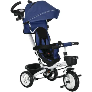 HOMCOM 6 in 1 Dreirad mit Schubstange, Faltbar, Kinderdreirad mit Sicherheitsgurt, Abnehmbar Sonnendach, Korb, Getränkehalter, Pedal, für 1-5 Jahre Kinder, bis 25 kg, Blau