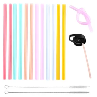 12 Silikon Strohhalme 6 mm Mehrweg Lebensmittelechtes Material, BPA-Frei Plastikstrohhalme Wiederverwendbare Kinderstrohhalme,Abschneidbare Lange Becherstrohhalme für Becher, mit 2 Reinigungsbürste